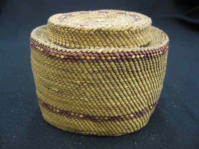 Appraisal: Antique Indian Covered Basket red banded decoration '' diameter ''