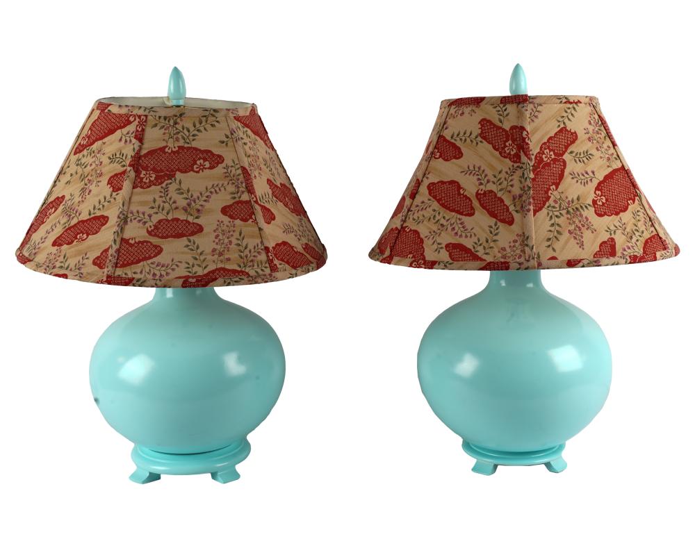 Appraisal: PAIR OF ROBIN'S EGG BLUE-PAINTED WOOD LAMPScontemporary unsigned with custom