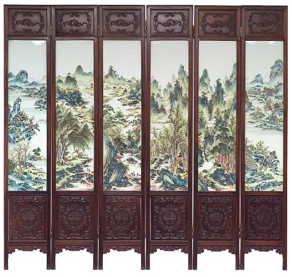 Appraisal: A fine six panel hardwood floor screen inset with famille