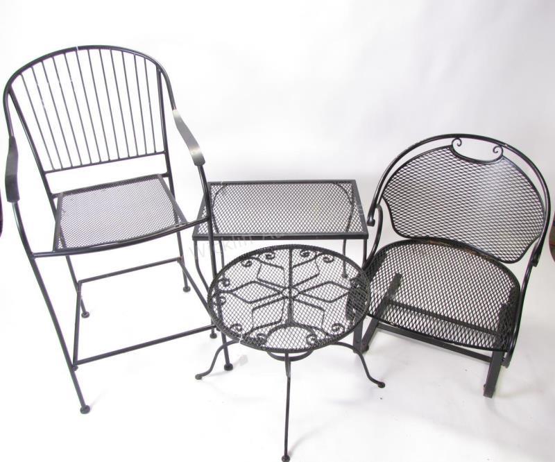 Appraisal: A group of iron and mesh patio furniture including one