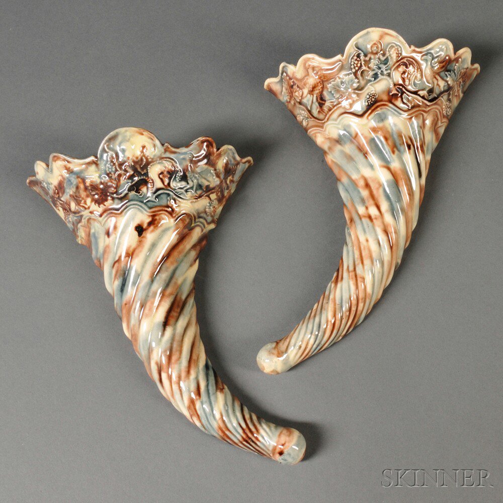 Appraisal: Pair of Staffordshire Cream-colored Earthenware Wall Pockets England c cornucopia