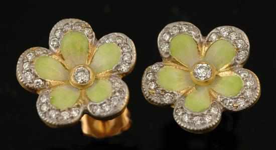 Appraisal: A pair of enamel and diamond earrings Of floral design