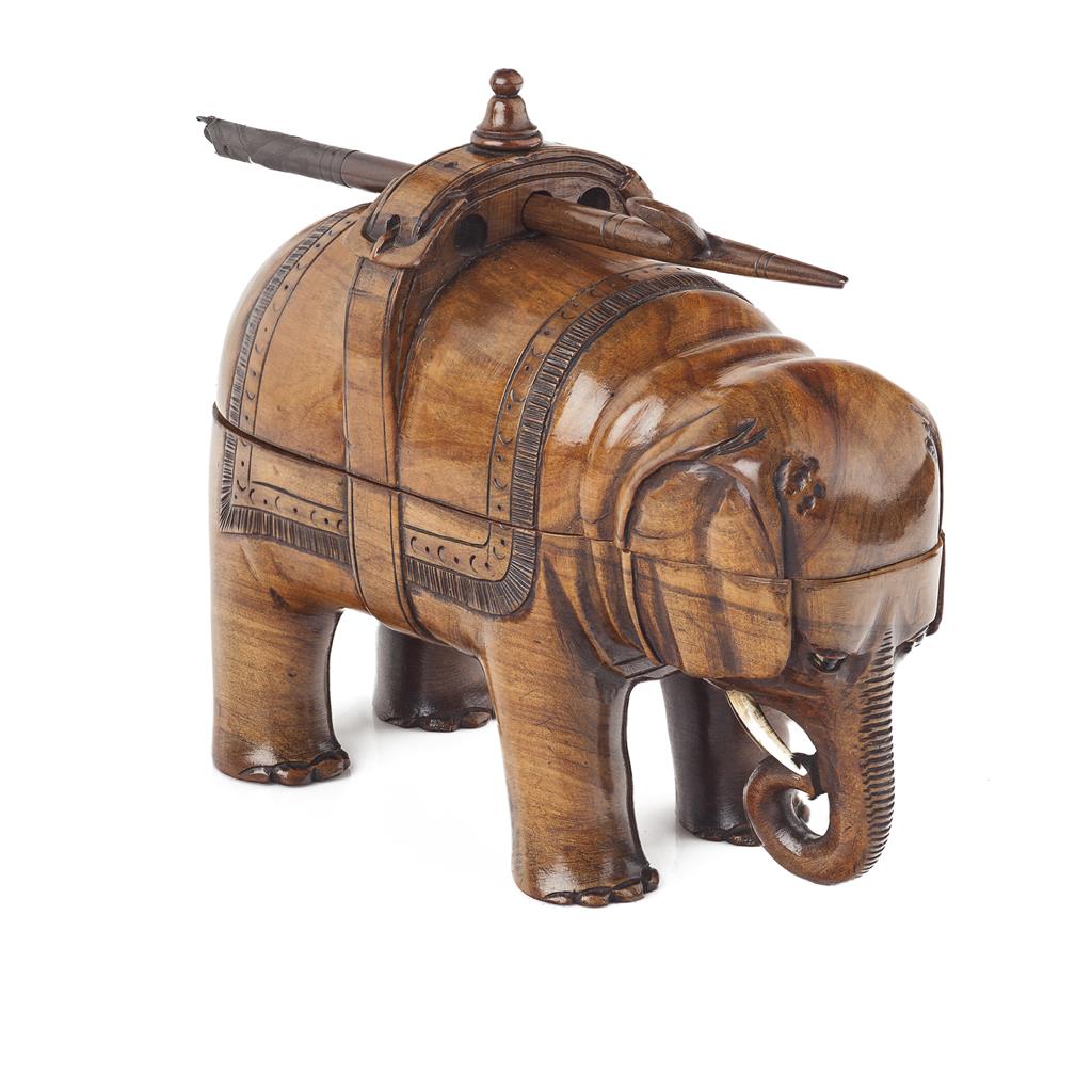 Appraisal: YVICTORIAN NOVELTY OLIVEWOOD ELEPHANT TRAVELLING INKSTAND TH CENTURY with ivory