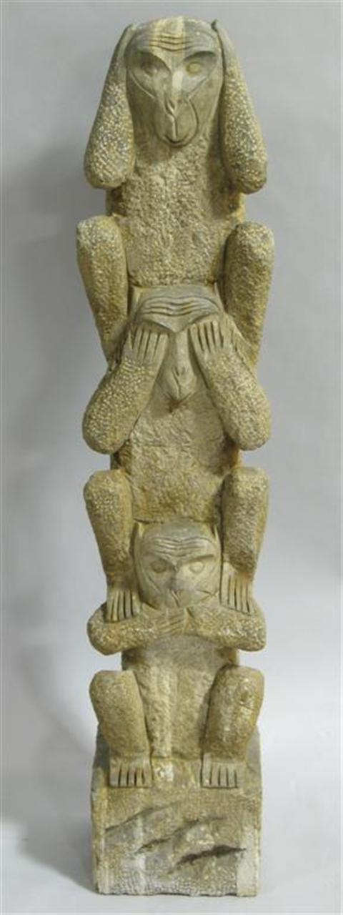 Appraisal: WHIMSICAL STONE MONKEY SCULPTURE Carved as the group of three