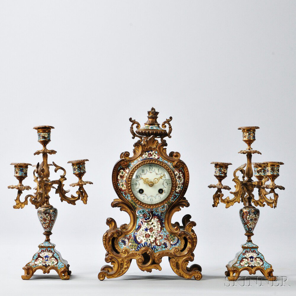 Appraisal: French Gilt-bronze and Champlev -enameled Three-piece Clock Garniture late th