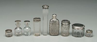 Appraisal: Nine sterling and glass bottles overlay flask three perfumes with