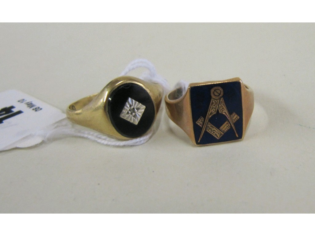 Appraisal: Lot comprising a ct gold onyx and diamond signet ring