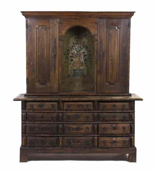 Appraisal: A Spanish Provincial Painted Oak Cabinet in two parts the