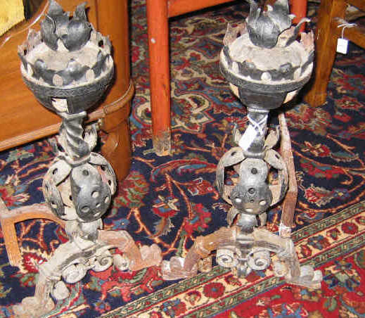 Appraisal: PAIR ARTS AND CRAFTS ANDIRONS Large crown form ornamental finials