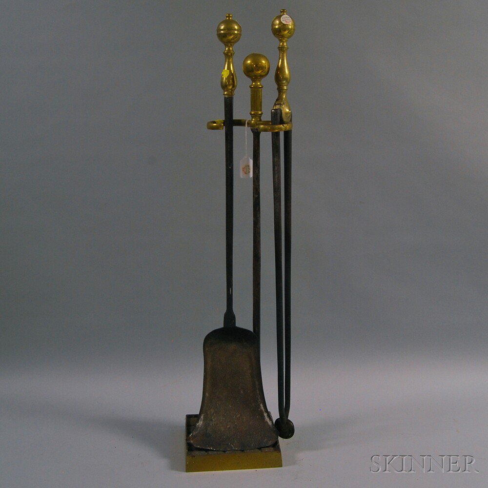 Appraisal: Brass Fireplace Shovel and Tongs with Stand th century ht