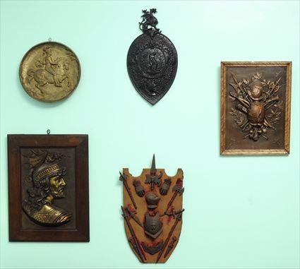 Appraisal: RENAISSANCE-STYLE PATINATED METAL PLAQUE WITH TROPHY OF ARMS Together with