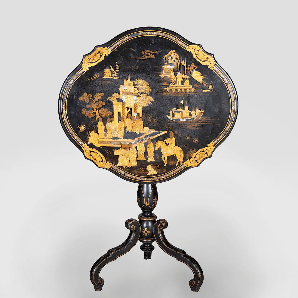 Appraisal: Victorian Mother-of-Pearl Black Lacquer and Parcel-Gilt Tilt-Top Table Raised on