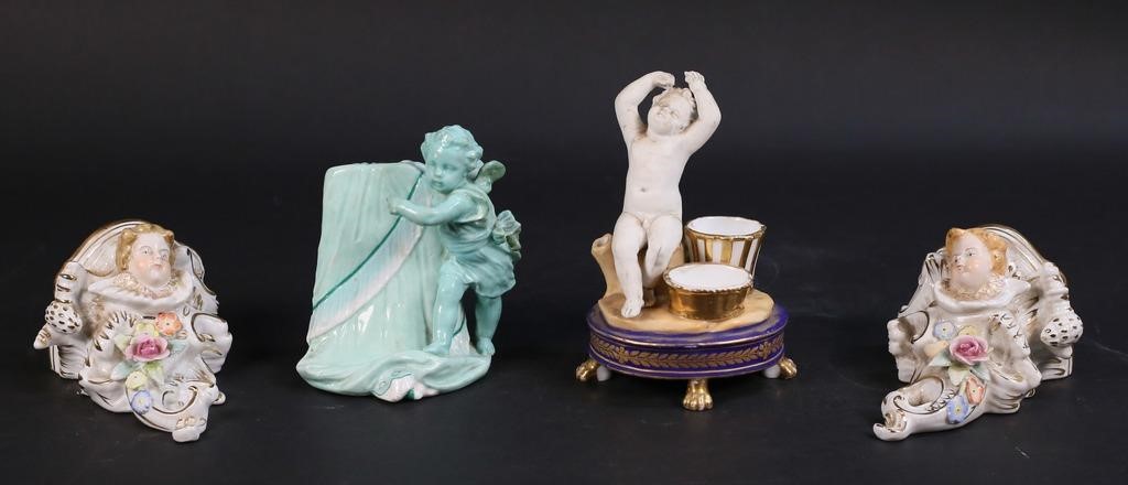 Appraisal: Pair of Limoges cherub brackets each H Cupid with Meissen