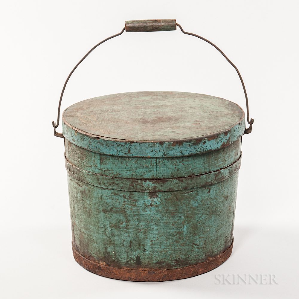 Appraisal: Blue Green-painted Pail with Lid Blue Green-painted Pail with Lid