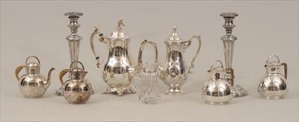 Appraisal: Assorted Silverplate Articles Including a pair of Rococo-style candlesticks tea