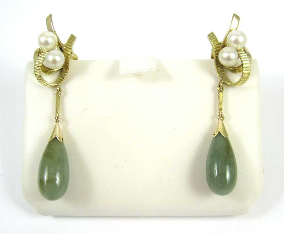 Appraisal: PAIR OF JADE AND PEARL EARRINGS Each k yellow gold