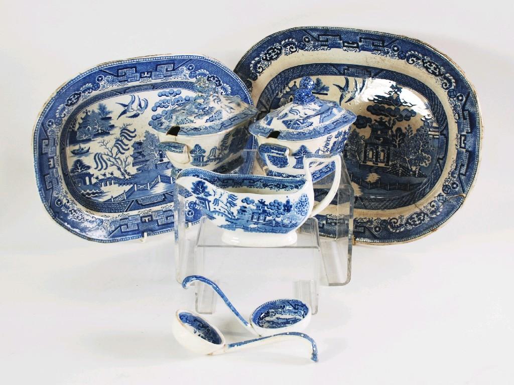 Appraisal: SUNDRY NINETEENTH CENTURY WHITE WILLOW PATTERN POTTERY DINNER WARES viz