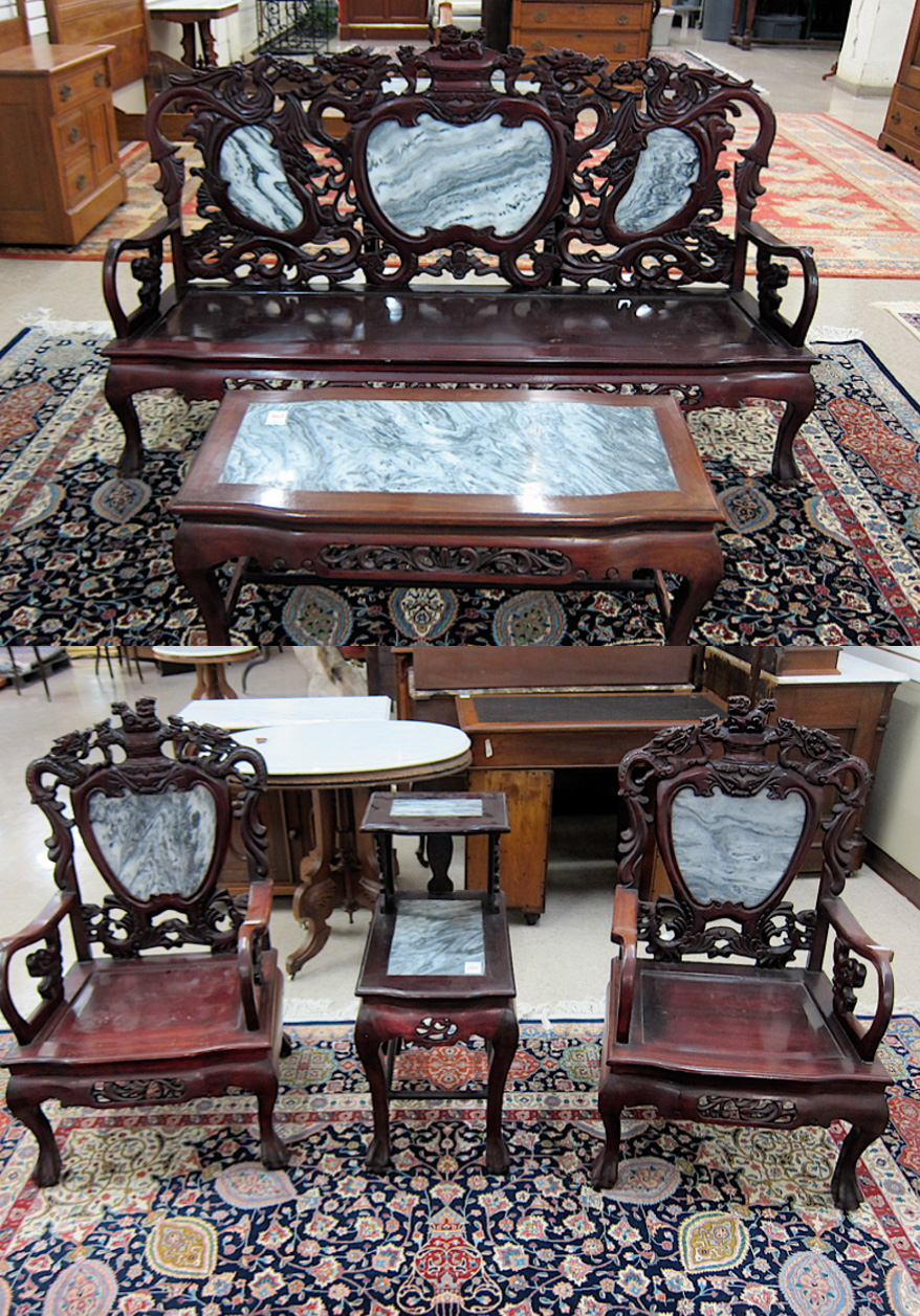 Appraisal: FIVE-PIECE CARVED ROSEWOOD SEATING FURNITURE SET Chinese th century comprising