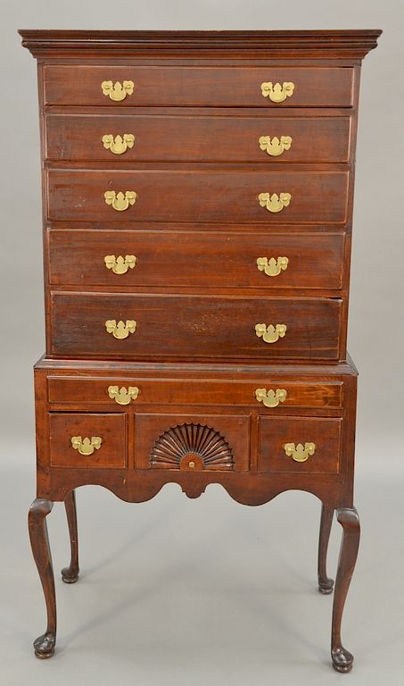 Appraisal: Queen Anne cherry flat top highboy in two parts upper