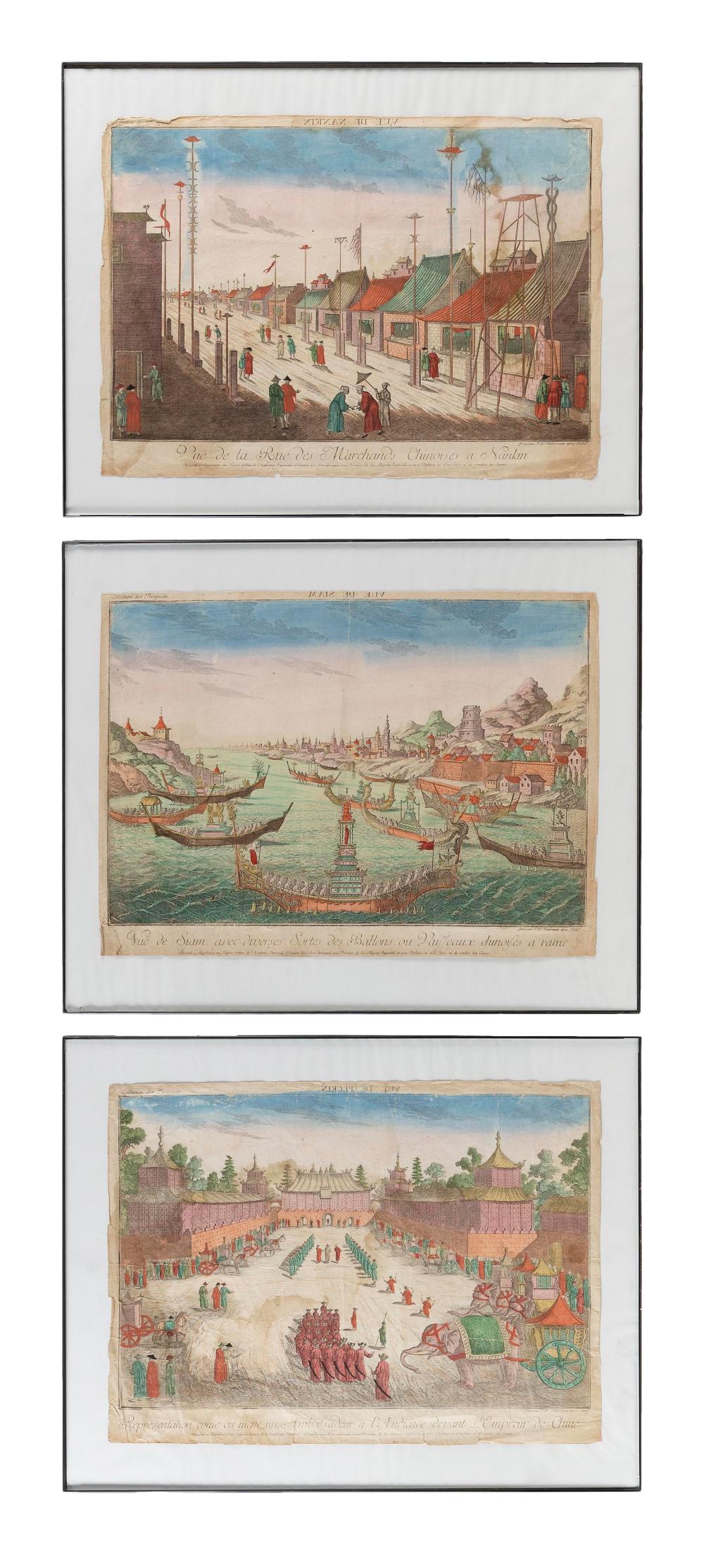 Appraisal: SET OF THREE CHINA TRADE HAND-COLORED ENGRAVINGS TH CENTURY EACH