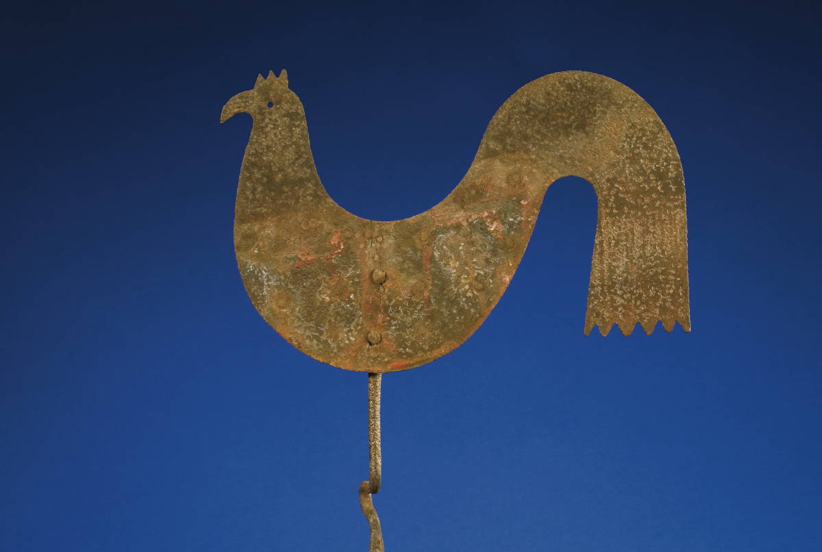 Appraisal: EARLY SHEET IRON ROOSTER WEATHERVANE With original wrought iron standard