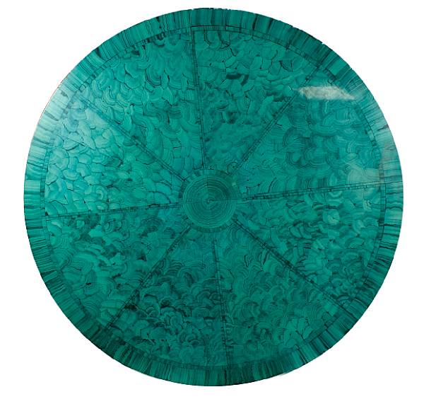 Appraisal: A large faux malachite circular table top diameter ft in