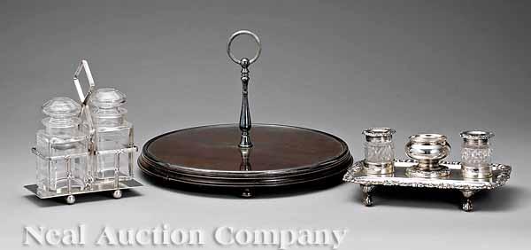 Appraisal: Three Silverplate Items consisting of a two bottle condiment frame