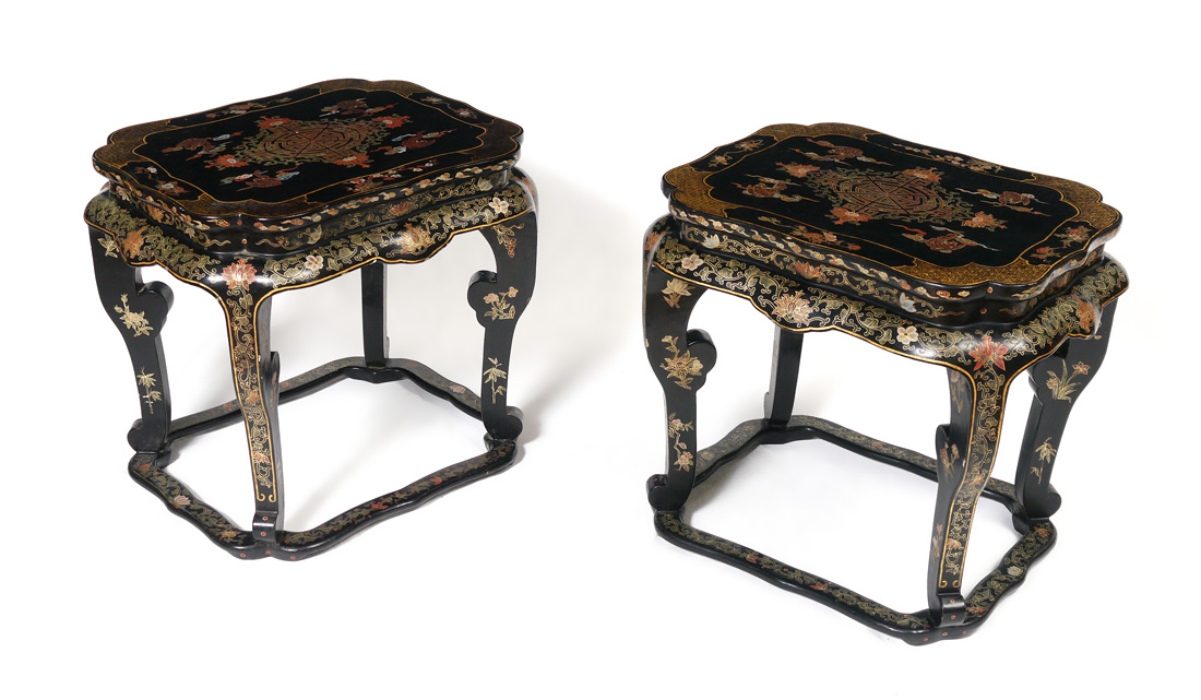 Appraisal: PAIR CHINOISERIE ORIENTAL LAMP TABLES Chinoiserie paint decorated over black