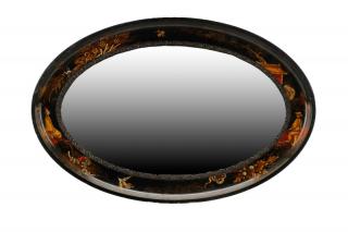 Appraisal: Black Lacquered Chinoiserie Decorated Mirror A chinoiserie wall mirror with