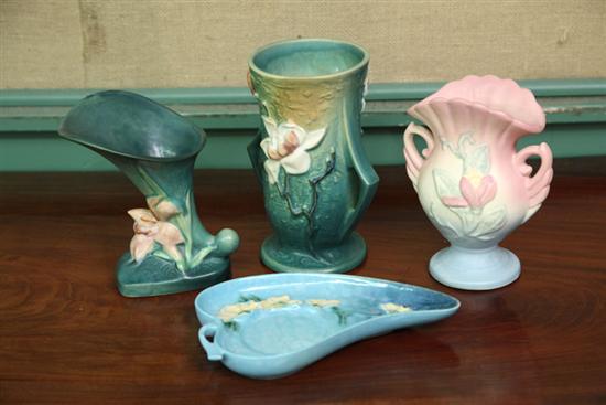 Appraisal: FOUR PIECES OF ART POTTERY Three Roseville A vase in