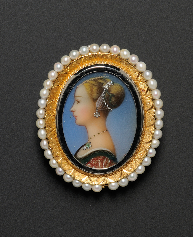 Appraisal: Renaissance Revival kt Gold and Pearl Framed Enamel Portrait Brooch