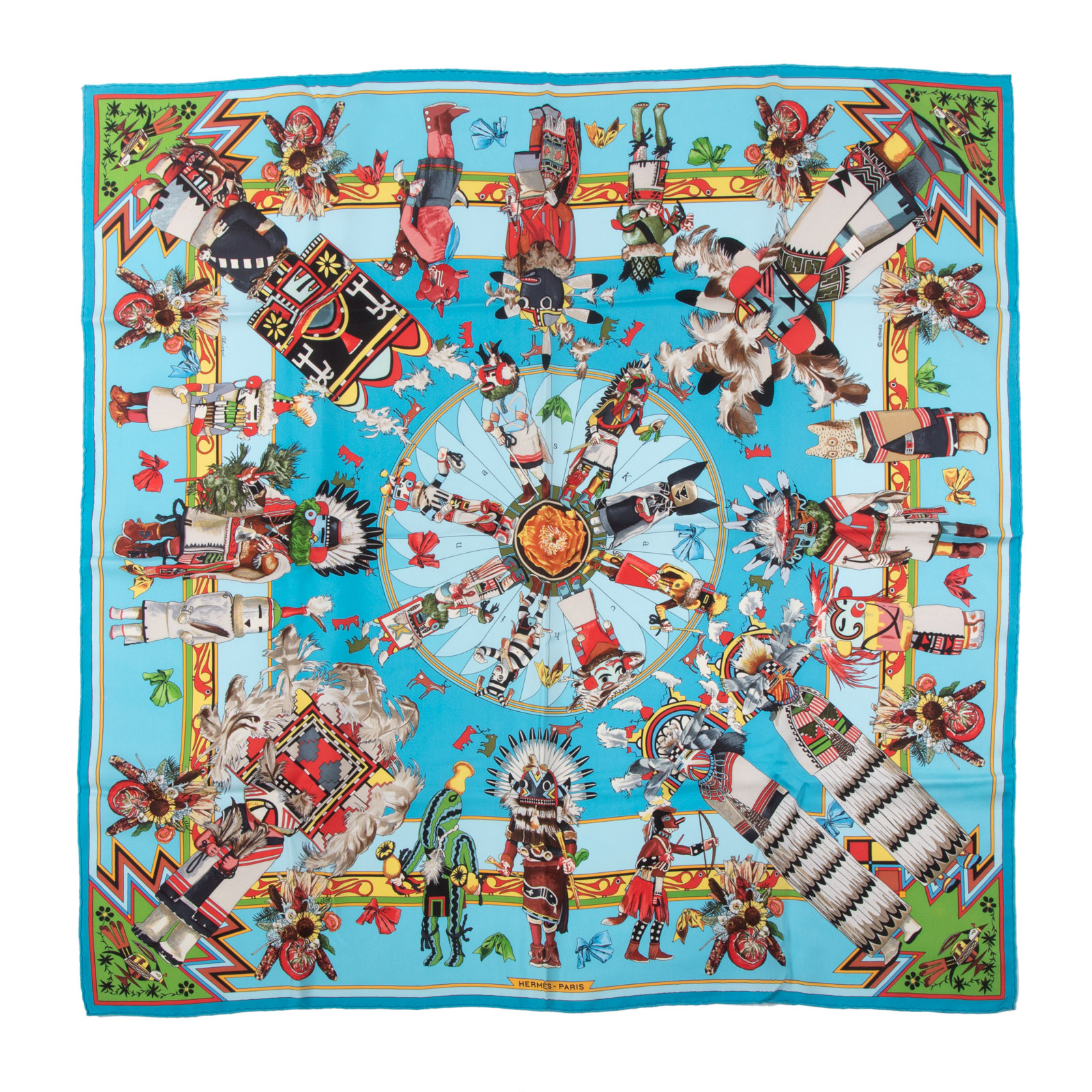 Appraisal: AN HERMES KACHINAS SCARF Blue and multicolor Hermes cm silk