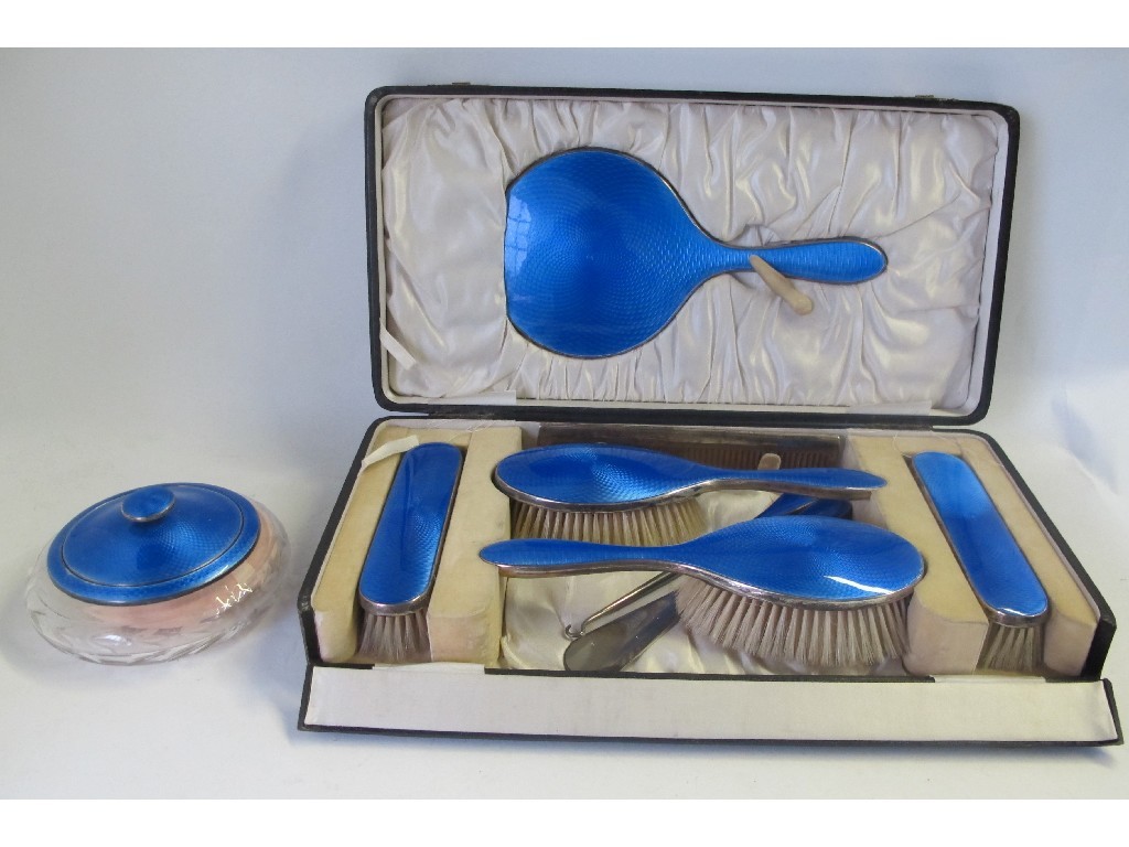 Appraisal: Cased five piece silver and enamel dressing table set with