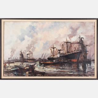 Appraisal: Wim Bos b Industrial Harbor Scene Oil on canvas Wim