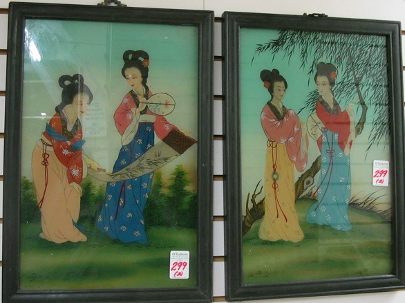 Appraisal: PAIR CHINESE REVERSE PAINTINGS ON GLASS each depicts two women