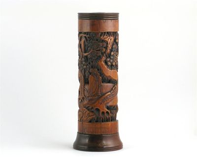 Appraisal: A Chinese bamboo incense burner and lid carved with figures