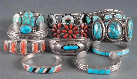 Appraisal: Silver turquoise and coral cuff-bracelets including marked ''Thomas Singer'' marked