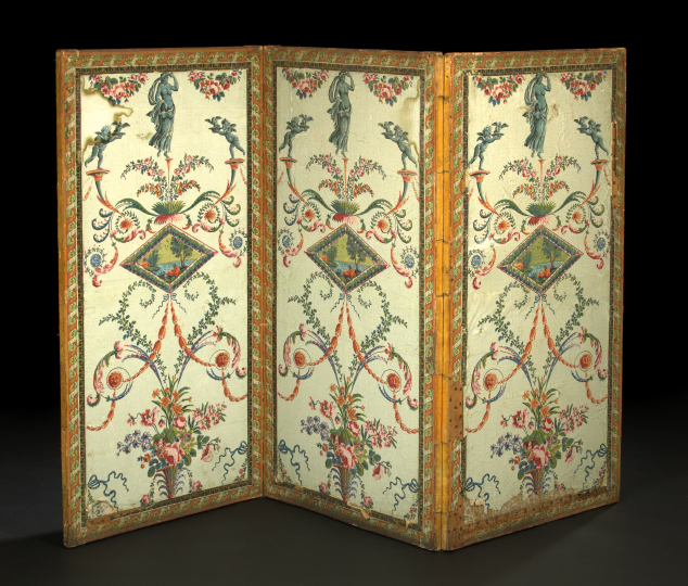 Appraisal: Good French Blocked Wallpaper Three-Panel Folding Screen first quarter th