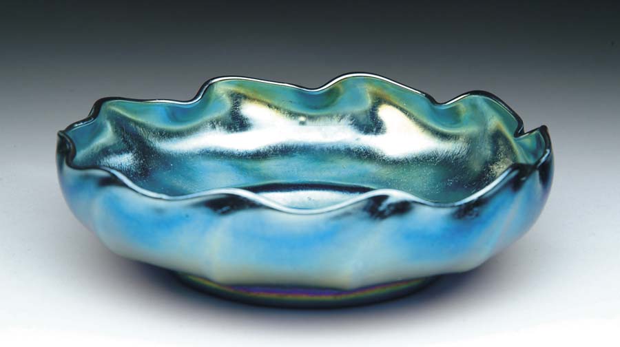 Appraisal: TIFFANY RUFFLED BOWL Very lovely Tiffany bowl has peacock blue