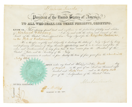 Appraisal: LINCOLN ABRAHAM Partly-printed vellum Document Signed as President appointing Richard