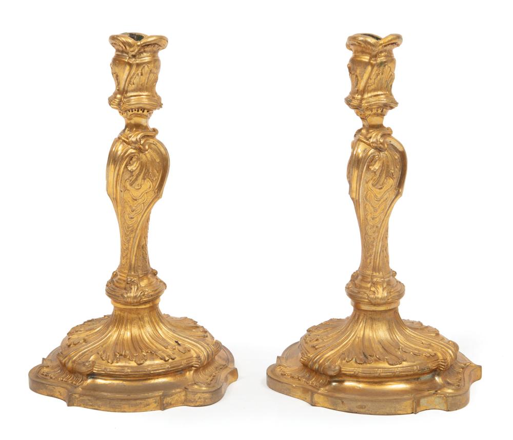 Appraisal: Pair of Louis XV-Style Gilt Bronze Candlesticks rococo design h