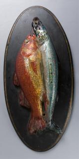 Appraisal: Pate de Verre Fish Sculpture Dated Two fish reverse painted