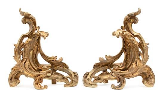 Appraisal: A Pair of Louis XV Style Gilt Bronze Chenets Height