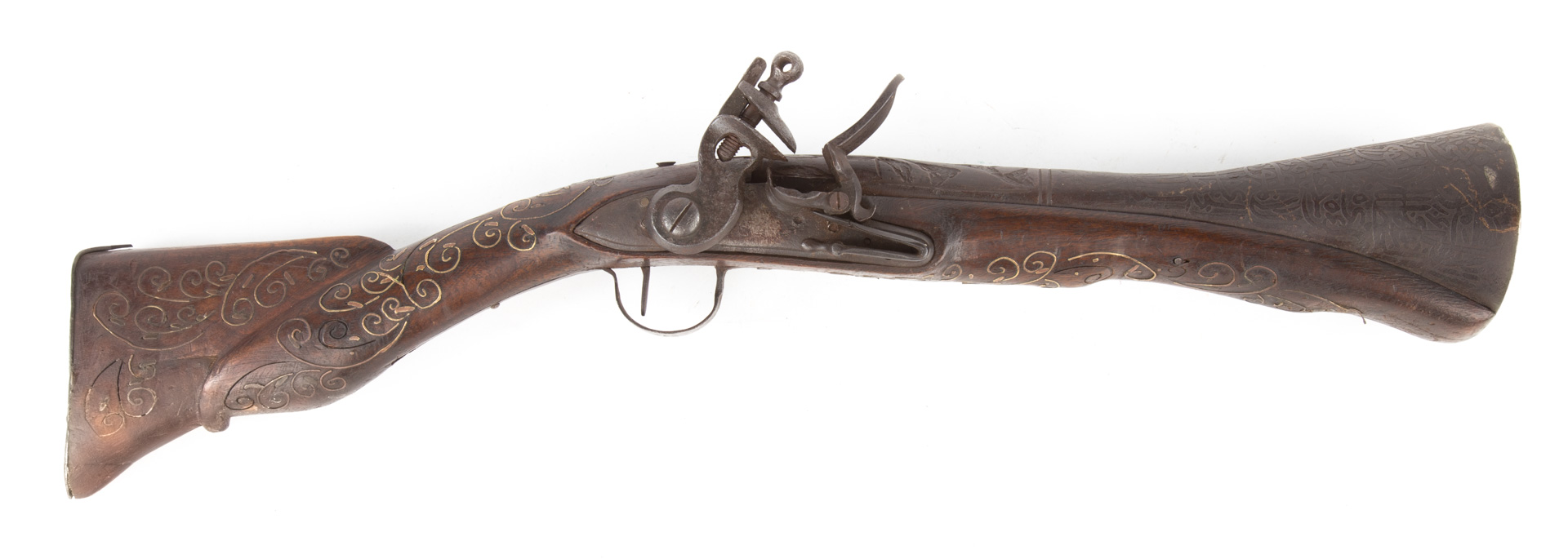 Appraisal: Antique Blunderbuss Flintlock th century North African inlaid stock Condition