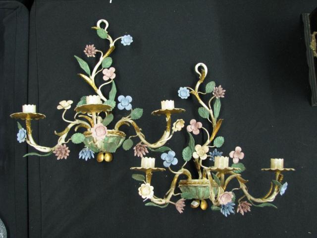 Appraisal: Pair of painted floral cast metal wall sconces with floral