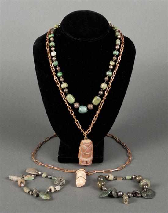 Appraisal: Three Mexican necklaces and two similar bracelets incorporating Precolumbian stone