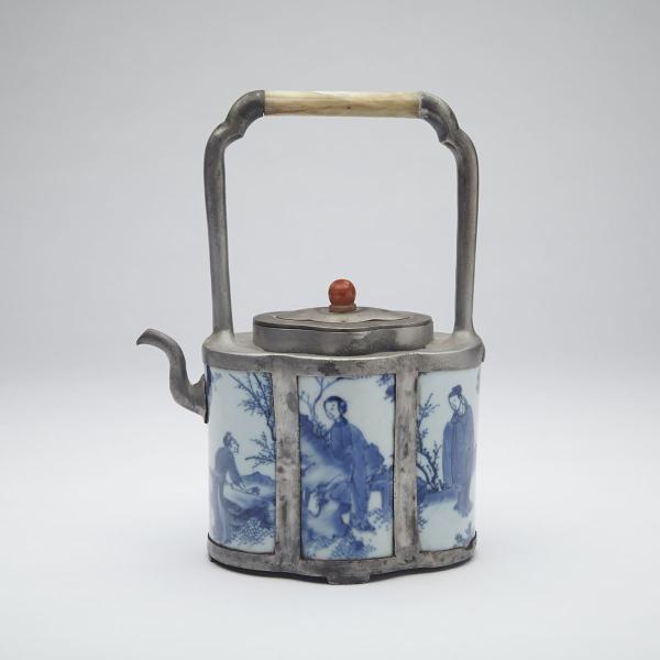 Appraisal: Blue and White Porcelain and Pewter Teapot th Century The