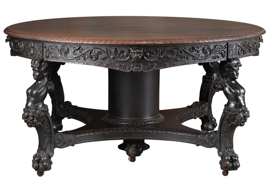 Appraisal: Fantastic quarter sawn oak figural carved round Dining Table circa