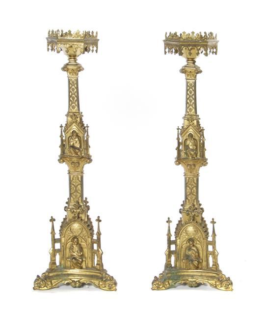 Appraisal: Pair of Ecclesiastic Gilt Metal Pricket Sticks of triangular baluster