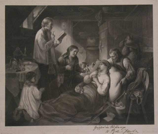 Appraisal: th Century lithograph of early engraving depicting dying woman surrounded